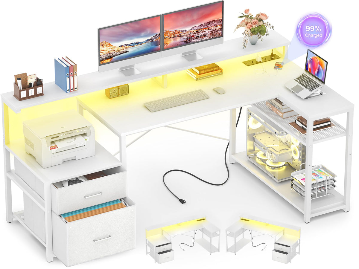 Aheaplus L Shaped Desk with File Drawer Reversible L Shaped Computer Desk Gaming Desk with Power Outlet & LED Strip Home Office Desk with Monitor Shelf Corner Desk with Storage Shelves White