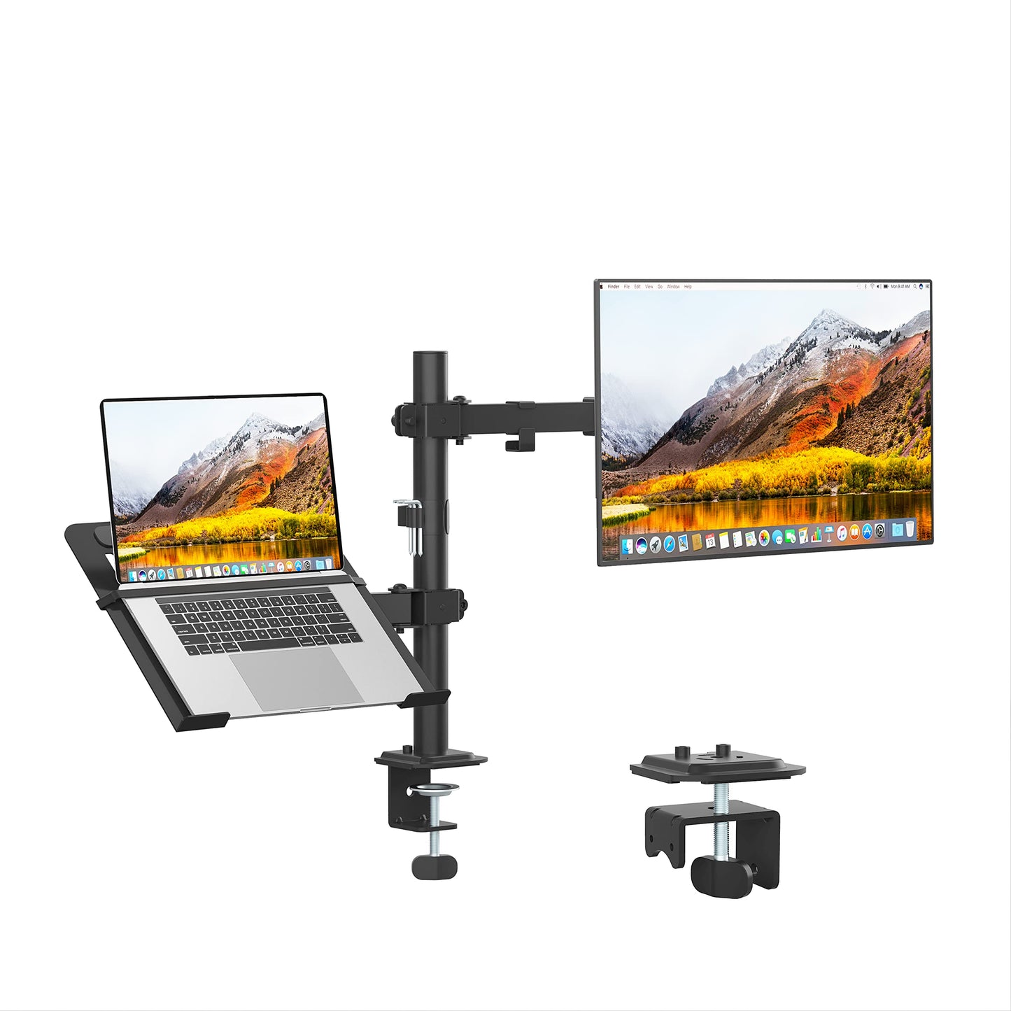 UPGRAVITY Monitor and Laptop Mount Monitor Arm with Laptop Tray for 13" to 27" LCD Computer Screens and Notebook up to 17 inch Fully Adjustable Laptop Mount Stand Holds up to 17.6lbs