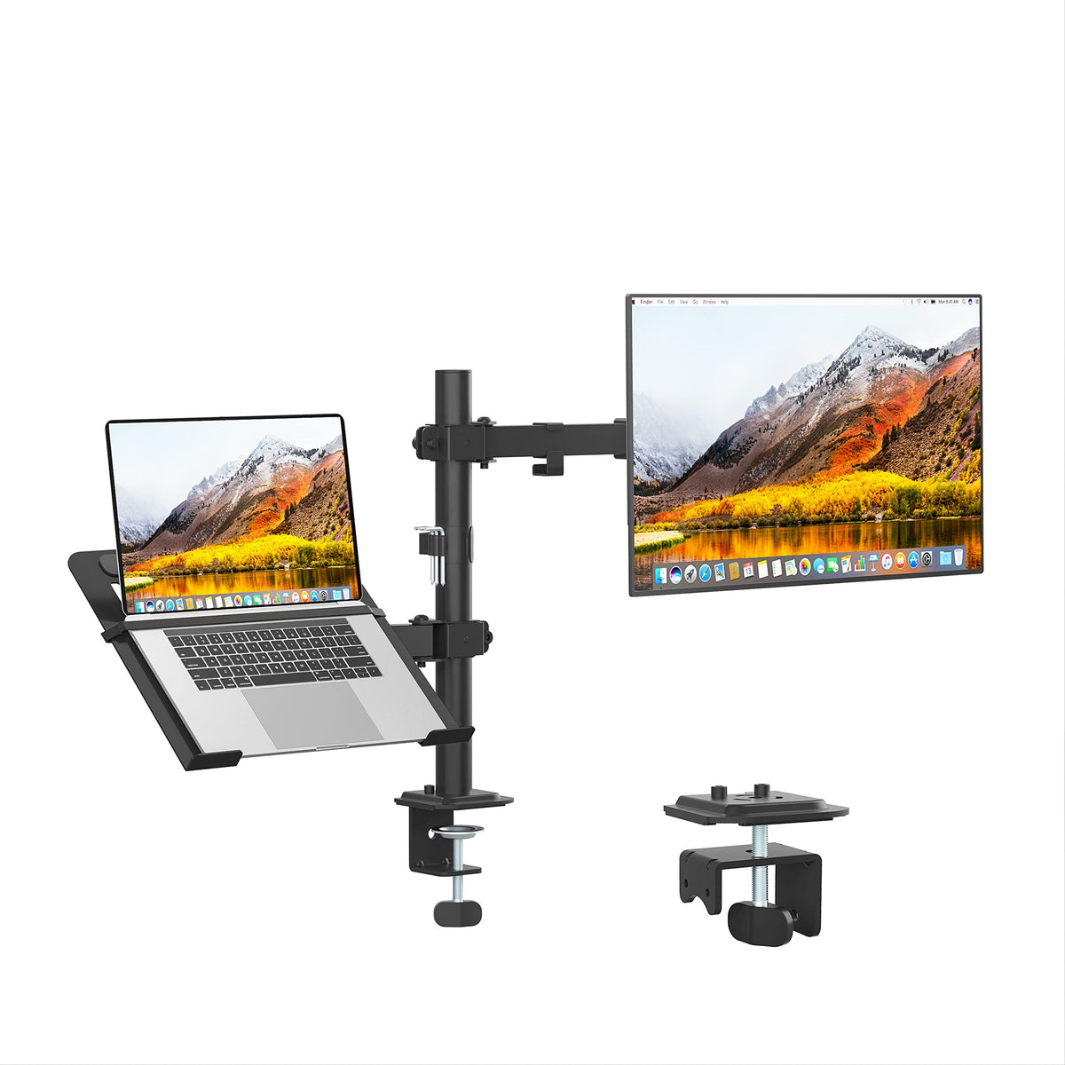 UPGRAVITY Monitor and Laptop Mount Monitor Arm with Laptop Tray for 13" to 27" LCD Computer Screens and Notebook up to 17 inch Fully Adjustable Laptop Mount Stand Holds up to 17.6lbs
